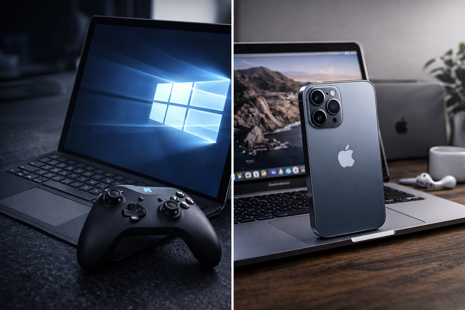 Windows logo laptop and iPhone with Mac